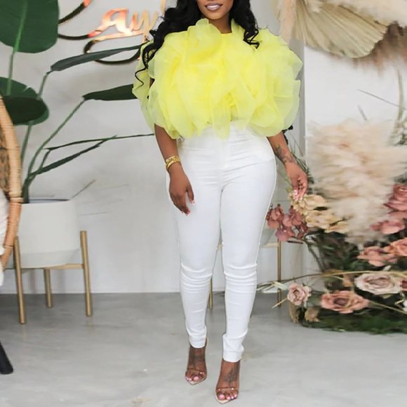 Yellow Ruffle Tulle Crop Top Blouse – Statement Organza Top - Picture 3 of 9
